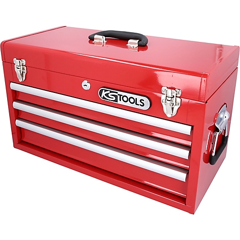 Roter Werkzeugkasten mit Schubladen und Griff. Silberfarbene Beschläge und Schriftzug "KS TOOLS".